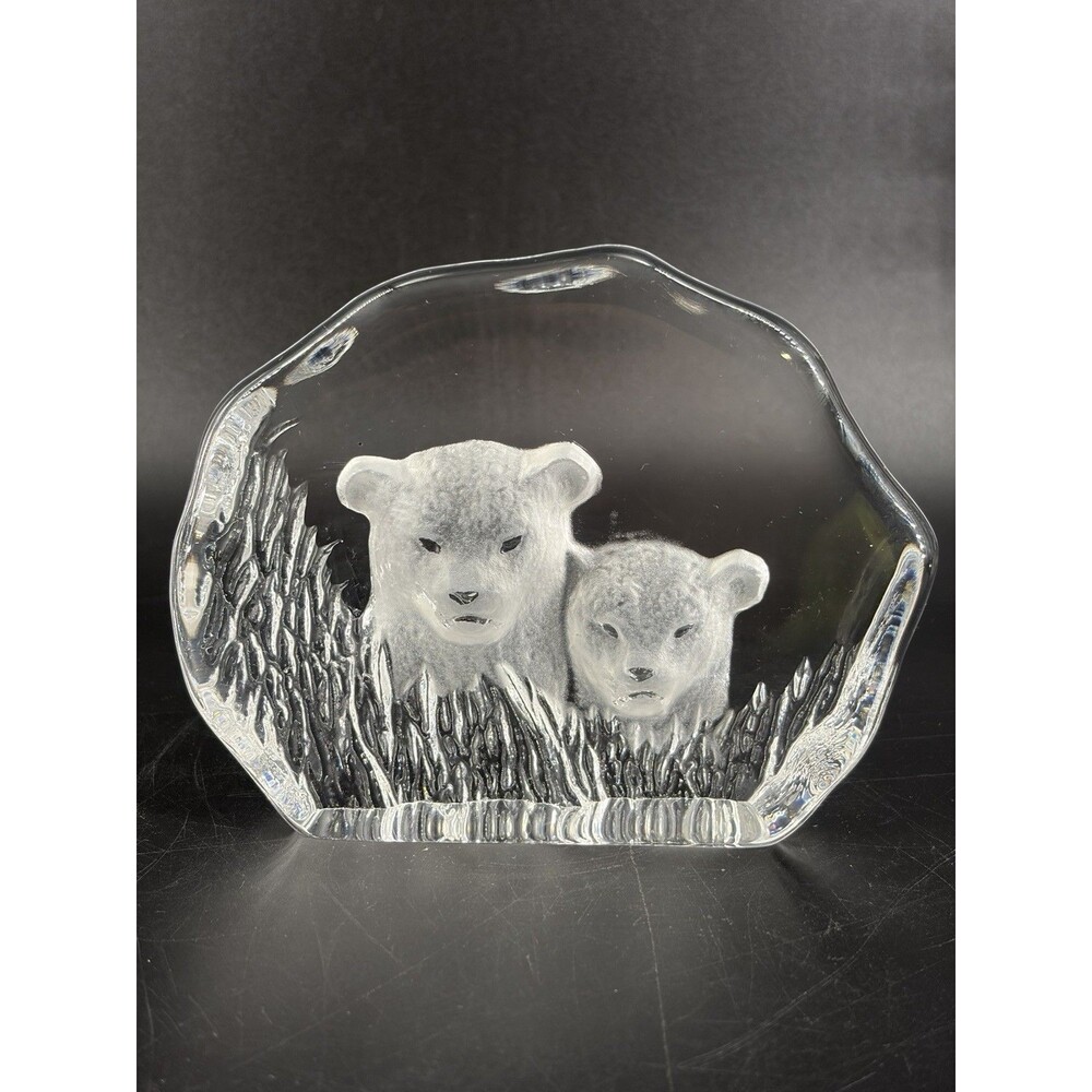 Orrefors Crystal Etched Lion Cubs Wildlife Sculpture Paperweight 3310 3D
